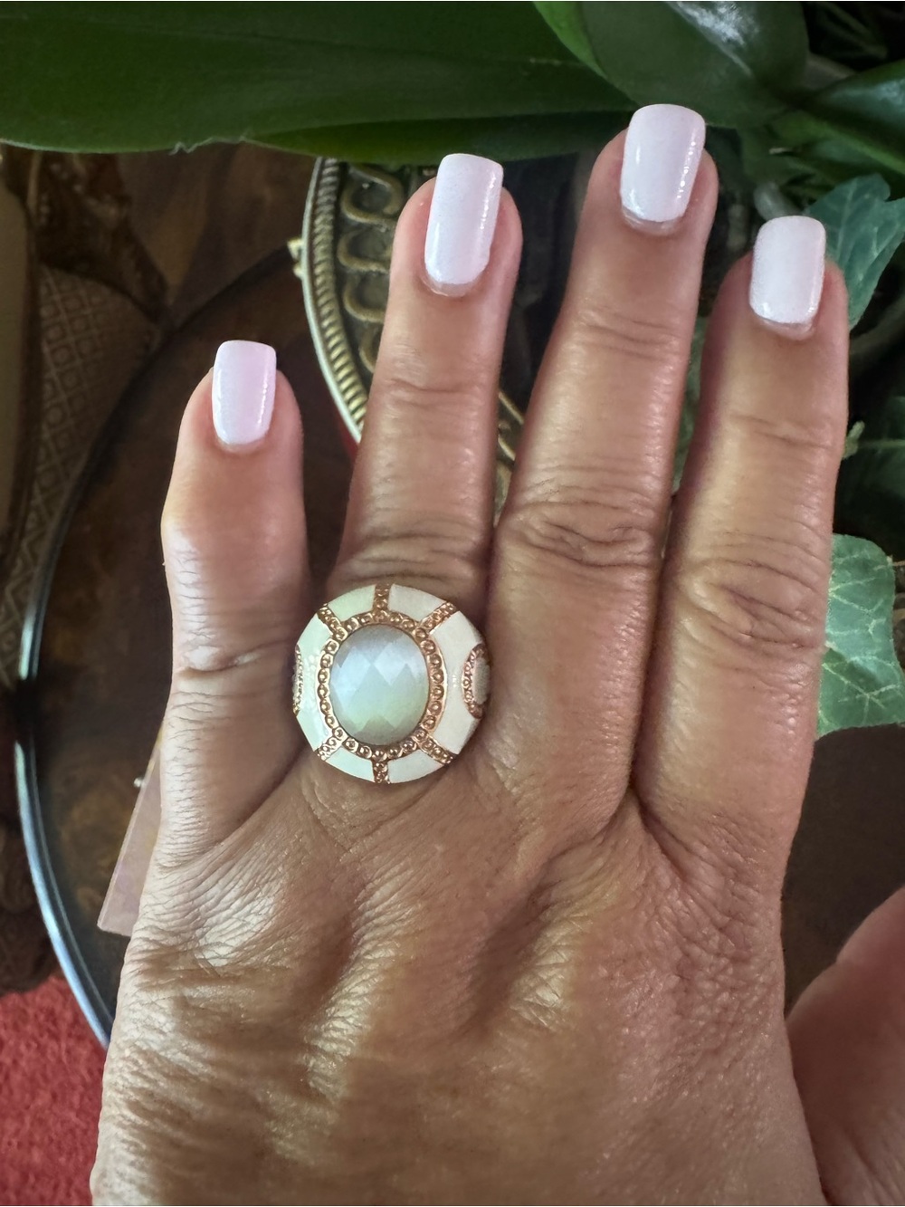 Gold-Tone Ring with  Center Stone and White Enamel Accents